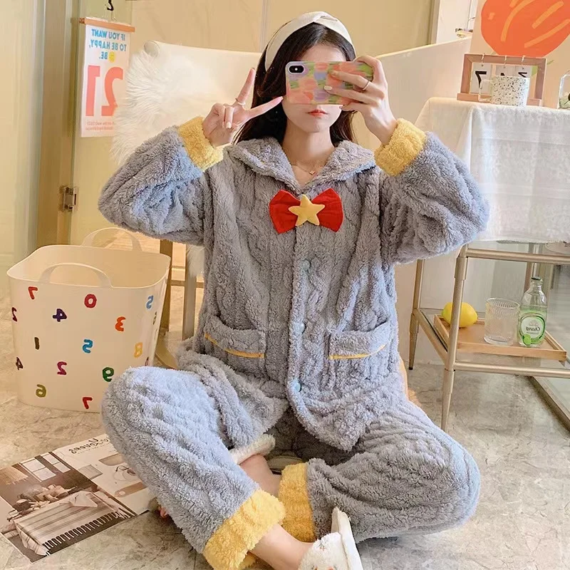 Pajamas Women's Autumn And Winter Solid Color V-Neck Cardigan Linen Pattern Plus Velvet Thickening Home Service Suit