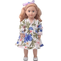 18 inch girls doll skirt vintage v neck blue print beach dress fit 40 43 cm baby boy dolls american doll clothes toys c906