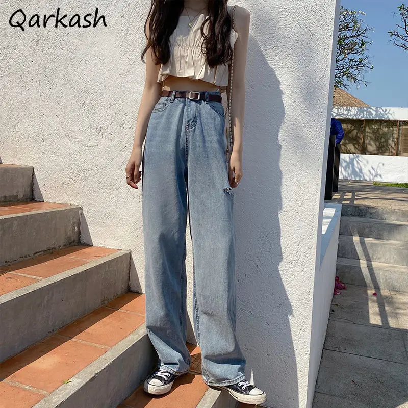 

Jeans Women Hole Streetwear Minimalist High Waist All-match Trousers Leisure Ulzzang Baggy College Ladies Chic Summer Popular