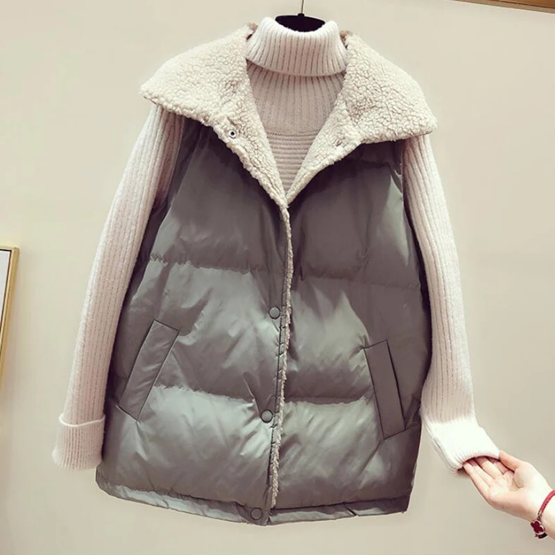 

Lamb Fur Down Cotton Vest Turn-down Collar Coat Female Winter New Loose Harajuku Sleeveless Outwear Plus Size Waistcoat Jacket