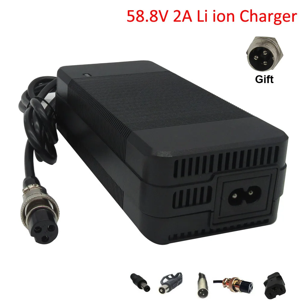 

58.8V 2A Lithium Ebike Charger For 51.8V 52V 14S Li-ion Electric Bike Scooter Battery Charger GX16 XLRM DC 5.5*2.1 with fan