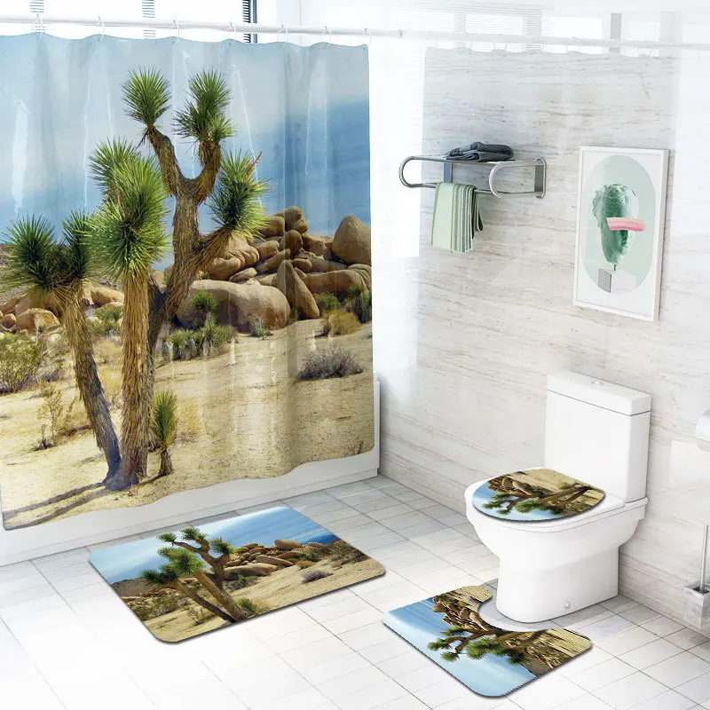 

Microfiber Rug 3D Scenic Printed Floor Mats Bathroom Bath Carpet Water Absorbing Bath Mat Set and Shower Curtain Waterproof