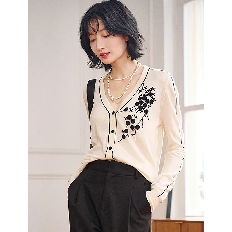 

Женский кардиган из 100% мериносовой шерсти с V-образным вырезом и длинным рукавом