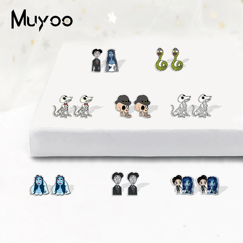 

2021 New Halloween Cartoon Movies Zombie Skull Bride Handcraft Acrylic Epoxy Resin Stud Earrings