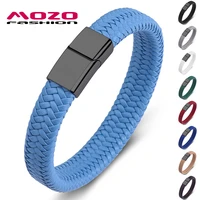 punk men jewelry blue braided leather bracelet black stainless steel magnetic clasp fashion women bangles