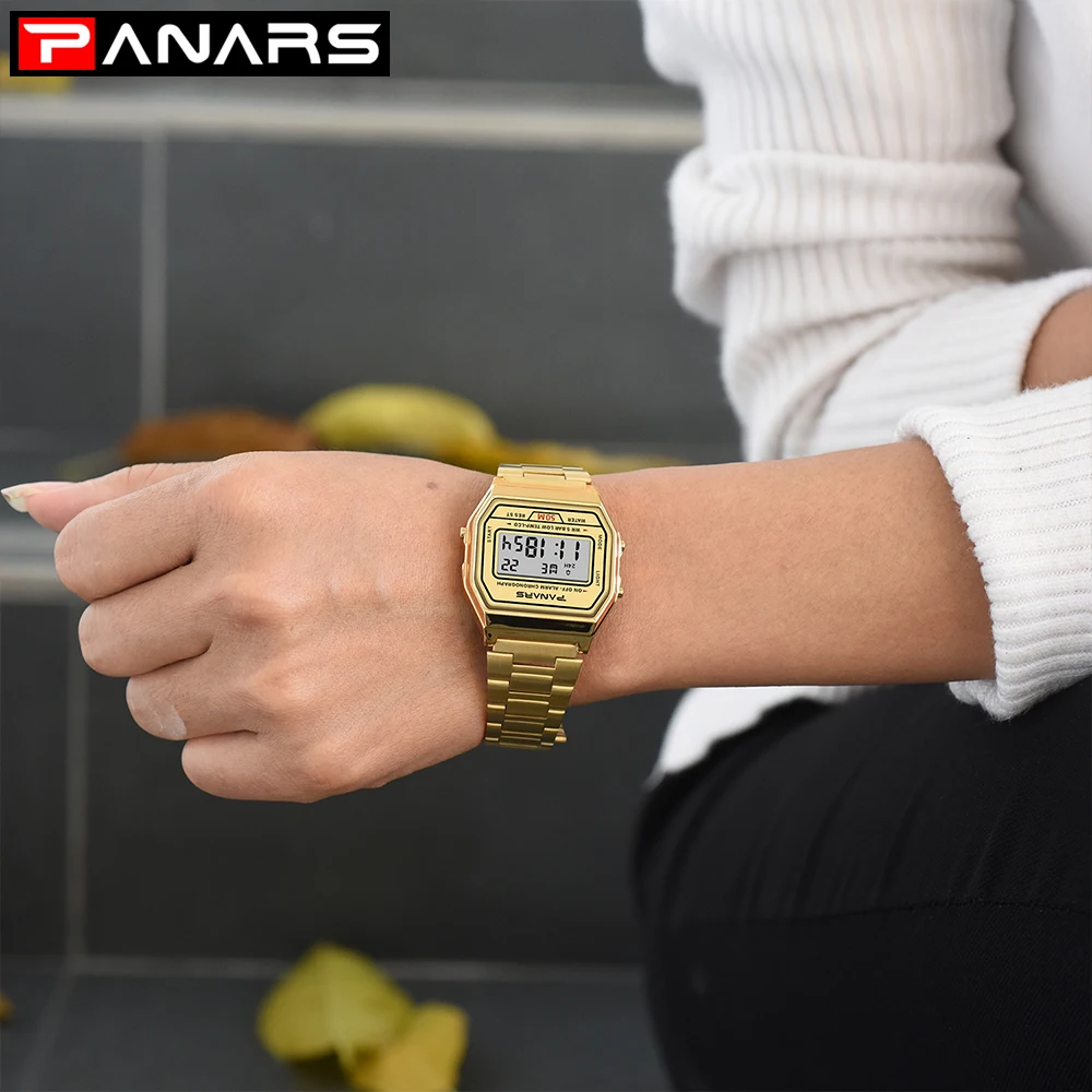 PANARS Men Waterproof Digital Watch Gold Color Stainless Steel Band Watches Women Sport Simple Fashion Wristwatch | Наручные часы