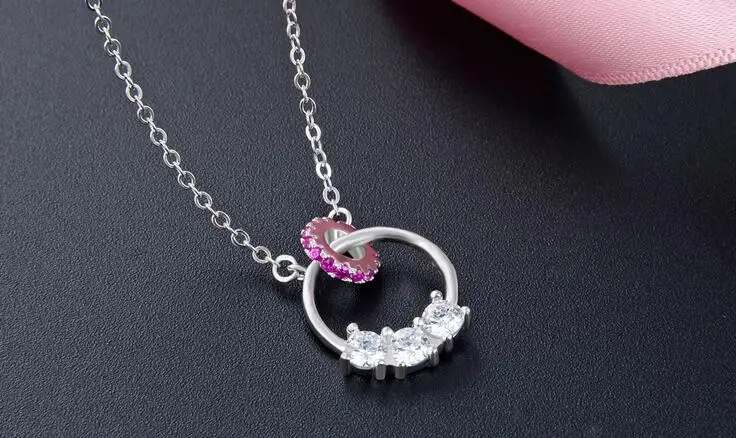

YTF84 925 Silver Double Ring Zircon Girls Necklace Birthday Party Gift for Zircon Ladies Necklace