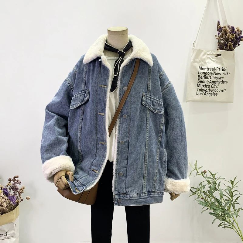 

Harajuku Vintage Faux Lamb Wool Women Denim Parkas Winter 2022 Loose Casual Lapel Single-breasted Long Sleeve Warm Plush Outwear