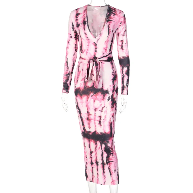 

Sexy Women Bodycon Maxi Dresses Elegant Autumn Temperament Personality Print Long Sleeve V-Neck Club Party Vintage Streetwear