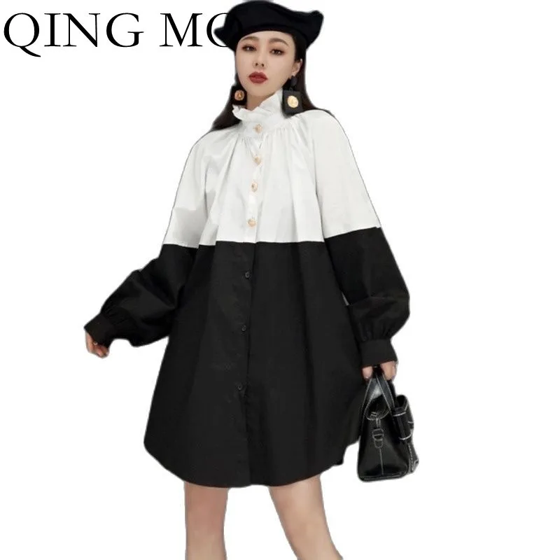 

Женская свободная рубашка QING MO, Повседневная Блузка черного и розового цвета, большие размеры, весна 2022