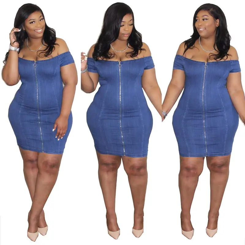 

Women Short Sleeve Mini Dress Denim Off The Shoulder Strapless Zipper Sheath Elastic Plus Size XL-5XL Dresses Office Lady