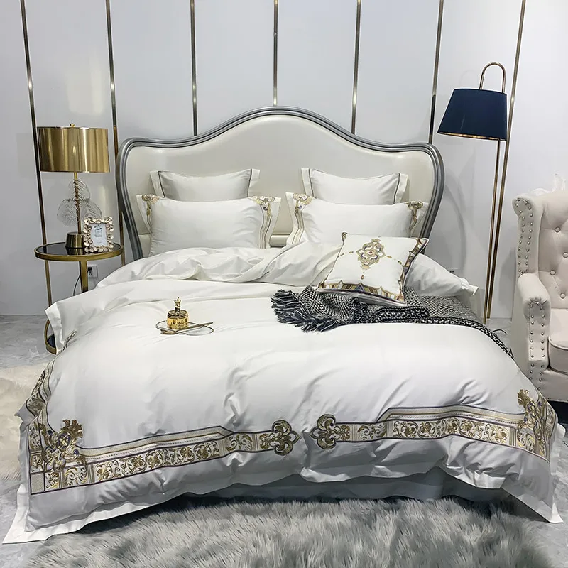 

New White Luxury Europe Palace Bedding Set Gold Embroidery 600TC Egyptian Cotton Duvet Cover Bed Sheet Pillowcases Home textiles