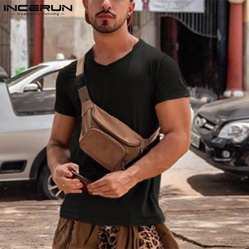 

2021 Summer Men Casual T Shirt Round Neck Short Sleeve Streetwear Basic Men Clothing Solid Color Breathable Camisetas INCERUN