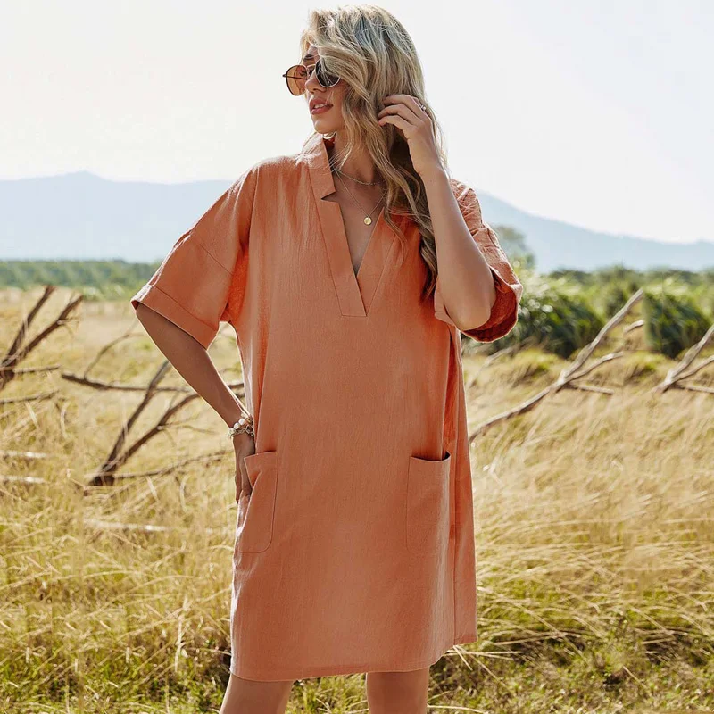 

2021 Summer Cotton Dress Women Loose V Neck Short Dresses Ladies A Line Casual Sundress Short Sleeve Pocket