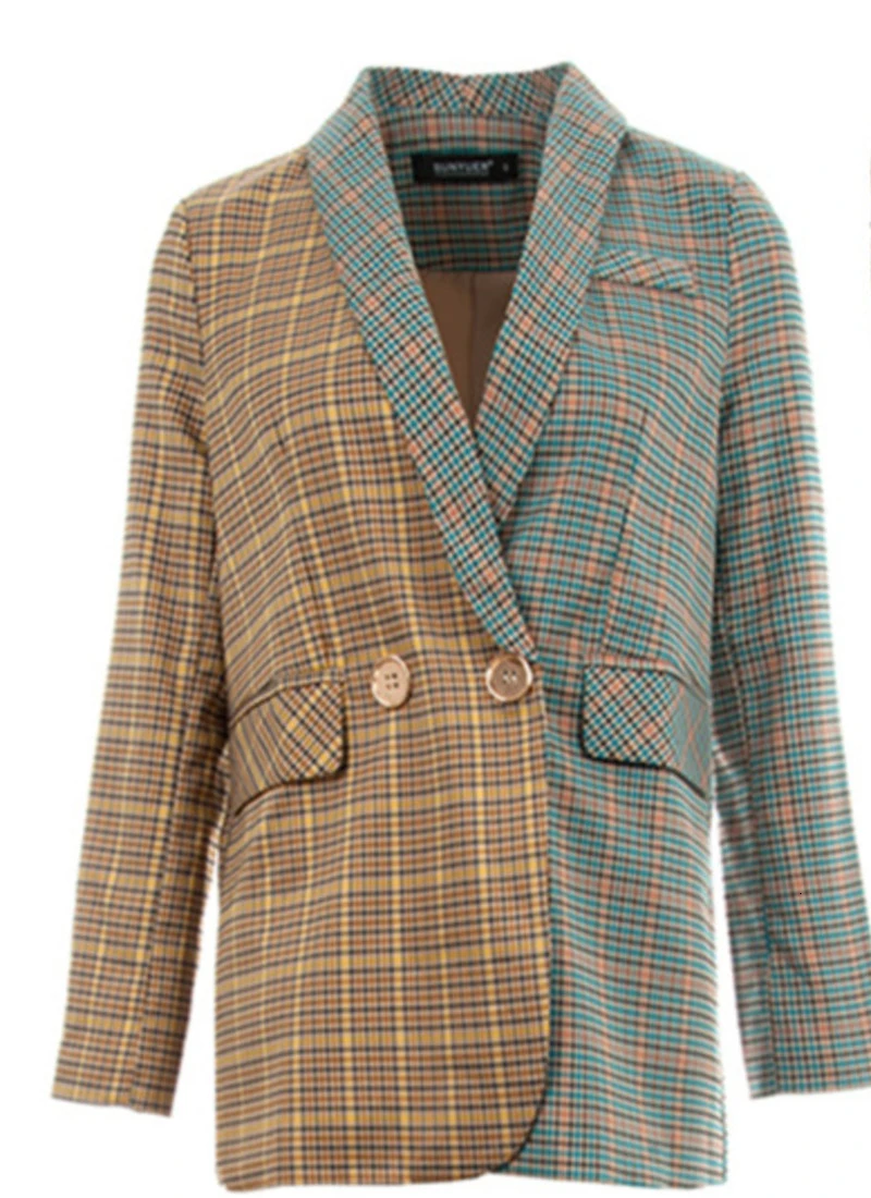 Colour matching coat DEAT, винтажный клетчатый костюм, одежда с длинным рукавом и отложным воротником, клетчатые длинные штаны, комплект из двух предметов для женщин, осень, новинка, TD320 - Цвет: Colour matching coat