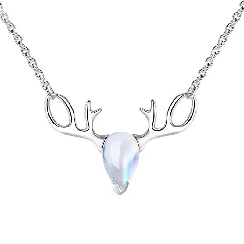 

Women's Cute Romantic Clavicle Chains 925Sterling Silver Moonstone Opal Elk Pendant Drop Necklace Christmas NewYear Gift Jewelry