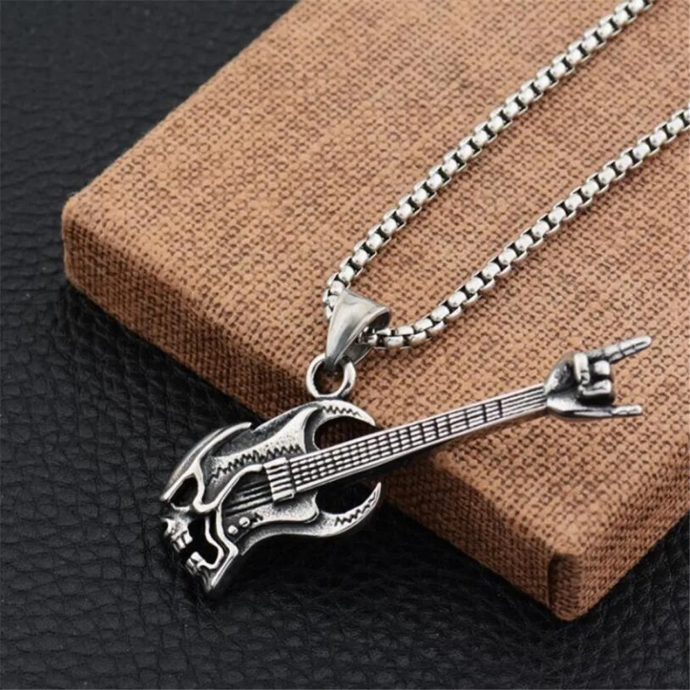 

Fashion Trend Domineering Skull Bass Guitar Shape Men's Birthday Gift Necklace Anniversary Party Party Jewelry Wholesale
