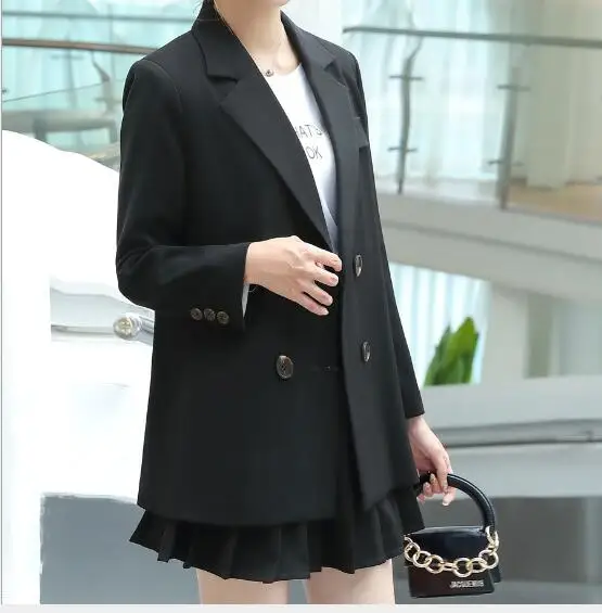 Высококачественная двубортная Черная куртка из ткани длинные элегантные