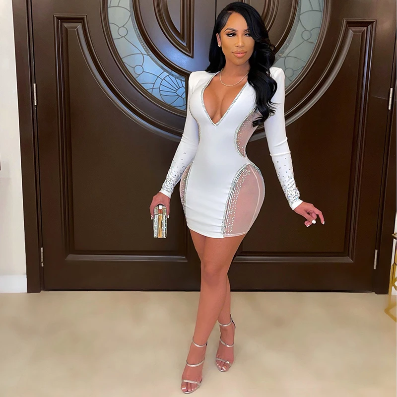 

New Year Plus Size Sexy Nightclub Dress For Adult Female Long Sleeve Mesh V-Neck Bodycon Dress For Women Clothing Femme Vestidos