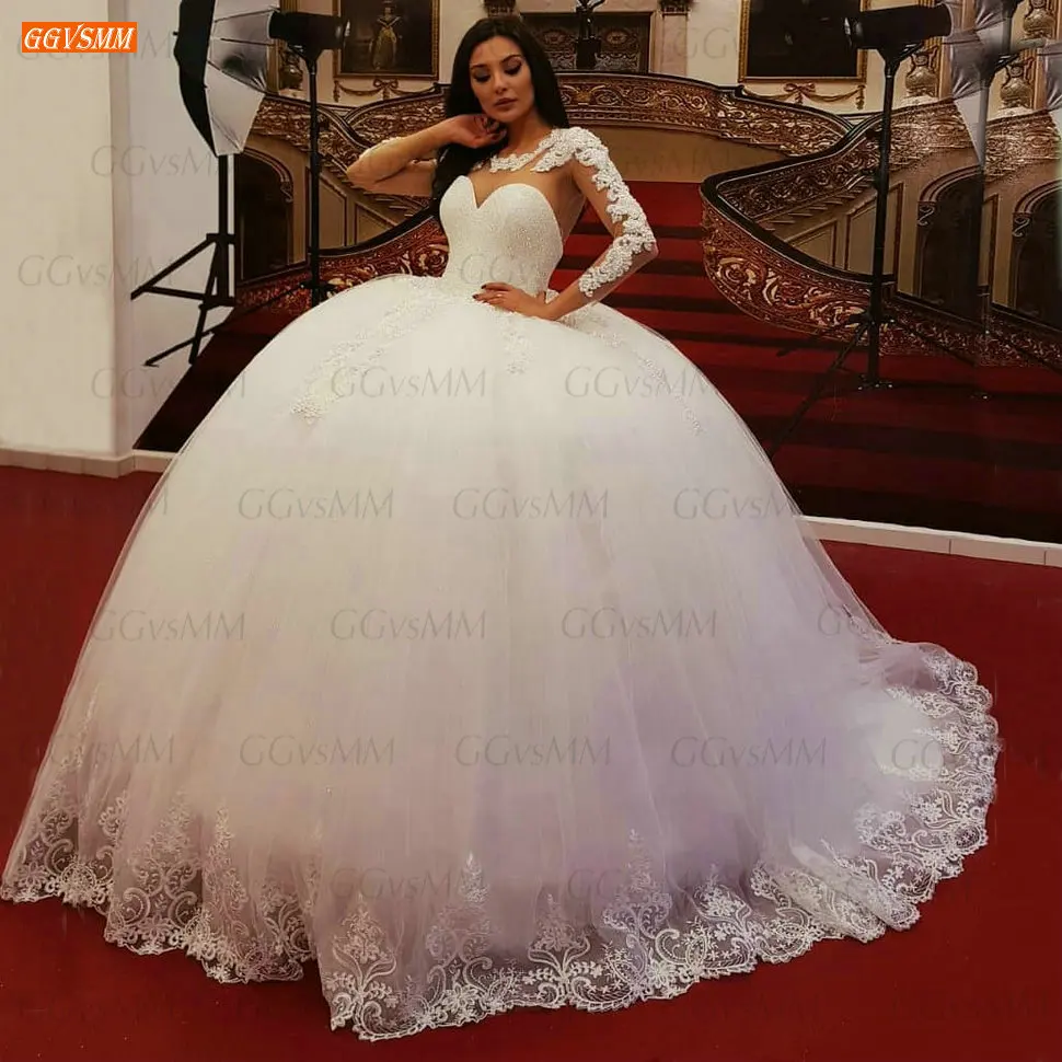 

Glitter Pearls Wedding Dress O Neck 2021 vestido de novia Lace Appliqued Beading Bridal Gown Arabic Corset fluffy hochzeitskleid