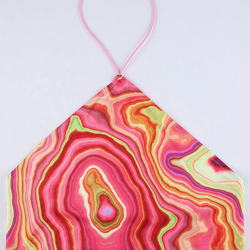 

Harajuku Halter Neck Outfits Mini Dress Tie Dye Print Backless Dress Summer Slip Green Sexy Club Outfits for Women