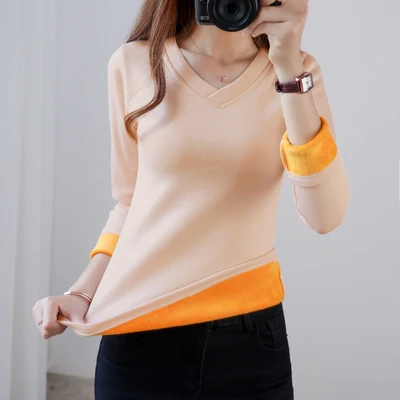 V-neck skin color Размера плюс M-4XL теплая дутая куртка золото бархатные Нижние рубашки Для женщин Зимняя кофта с длинными рукавами и высоким воротником Термальность формирующее белье боди, пижамный комплект - Цвет: V-neck skin color