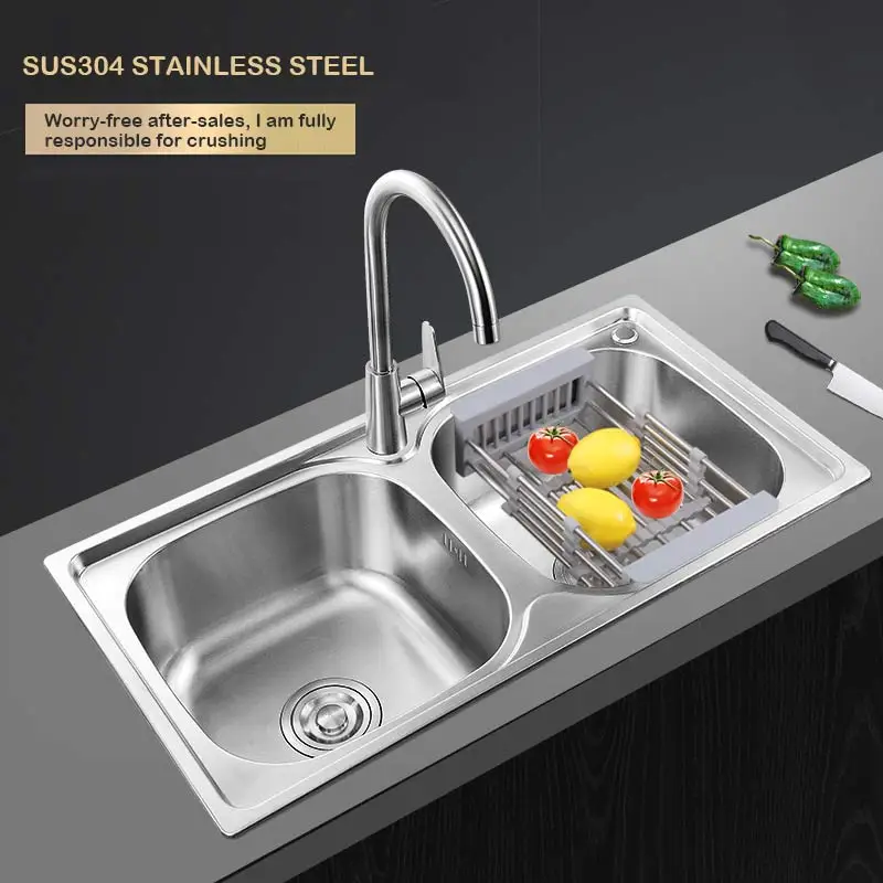 

kitchen double sink set thick silver 304 stainless steel wash basin manual with large wash basin sinkAE02JSZ-0005