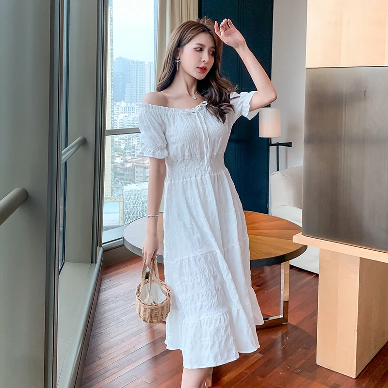 

Short-sleeved summer dress female in the new long a word shoulder hubble-bubble sleeve accept waist show thin super fairy skirt