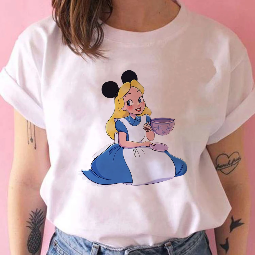

Disney Alice in Wonderland Women Tee Shirt Kawaii Alice Print White Short Sleeve Hipster Funny Popular Breathable Loose T Shirt