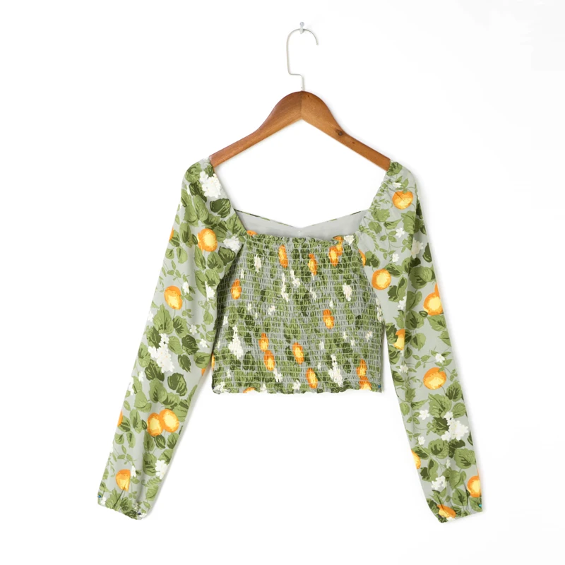 

Summer Women's Casual Printed Square Collar Long Sleeve Button-Decorated Slim Shirt