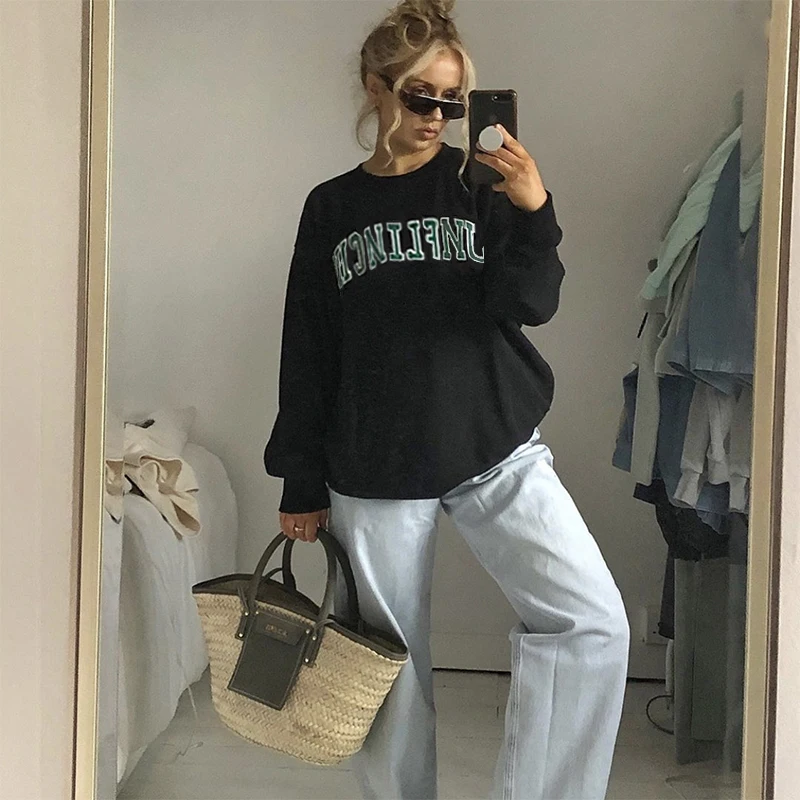 

Женская толстовка с капюшоном в стиле ретро, корейский стиль, черный пуловер с буквенным принтом и круглым вырезом, винтажные весенние толс...