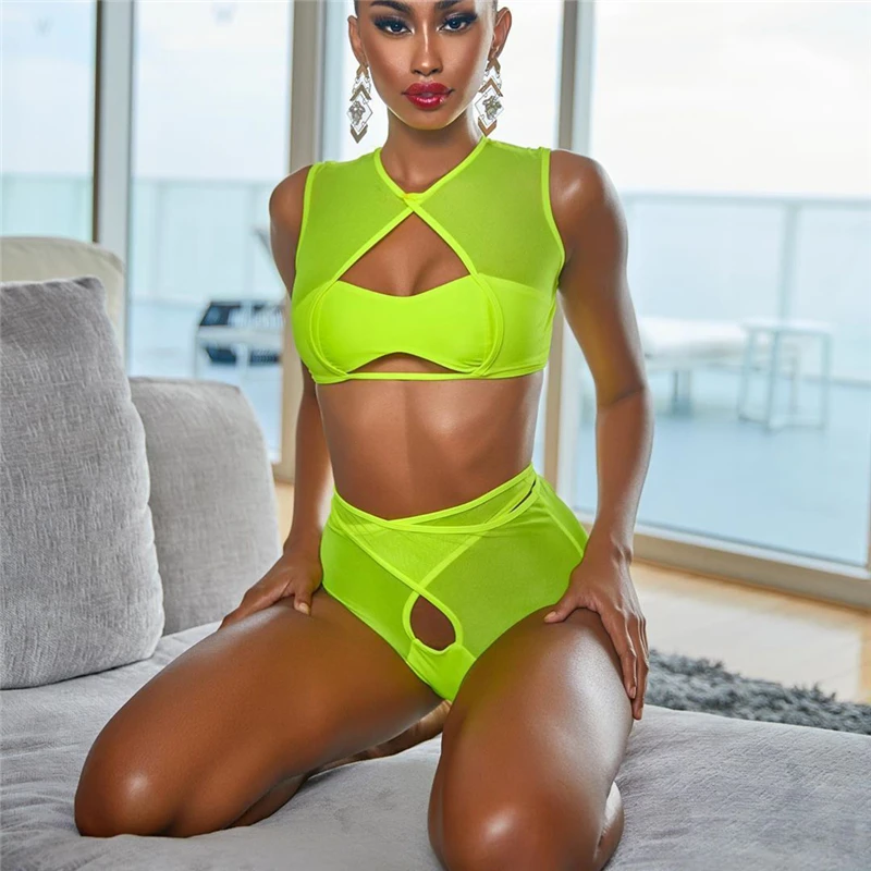 

2020 бикини Для женщин светильник зеленый ndage Плавание костюм сексуальный пуш-ап купальный Плавание одежда летнее открытое комплект бикини в...