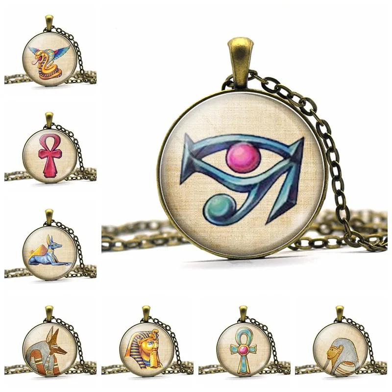 

Ancient Egyptian Ankh Cross Anubis God Copper Pendant Necklace Handmade Glass Cabochon Art Necklace
