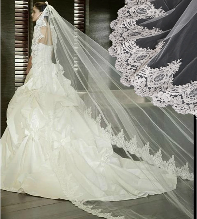 

Wholesale 3 Meter Tulle Long Cathedral Wedding Veil Full Lace Trim Appliqued 3M Bridal Veil For Bride veu de noiva longo No Comb