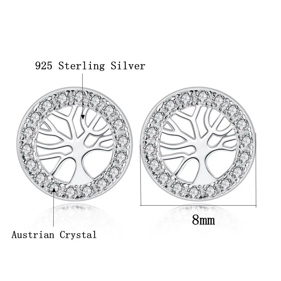 Luxury 925 Sterling Silver Stud Earrings with Rhinestone Circle Tree of Life for Women Birthday Jewelry silver earrings | Украшения и