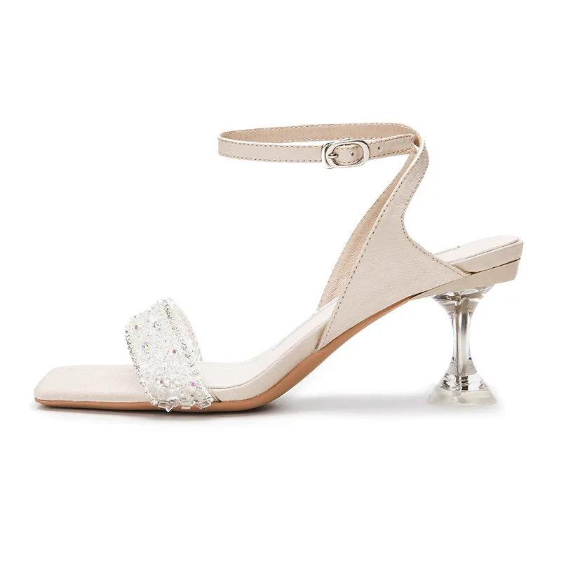 

Summer New Crystal Heel Sandals Thin Heel Fairy Style One Word Diamond High Heel Fashion Open Toe Women's Shoes