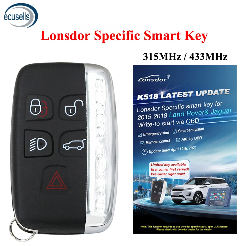 Lonsdor специальный смарт ключ для Land Rover /Jaguar 2015 2018 года 5 кнопок 315 МГц/433 МГц работает