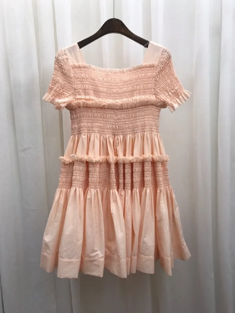 

Princess Women's Dress 2021 Summer Fashion Party Ladies Sexy Square Collar Pleated Patchwork Short Sleeve Pink White Gown Dress