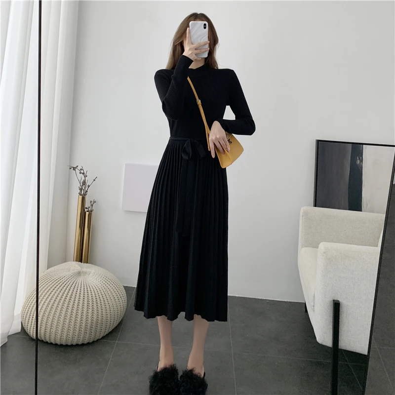 2020 Новое модное зимнее женское платье с длинным рукавом и высокой горловиной