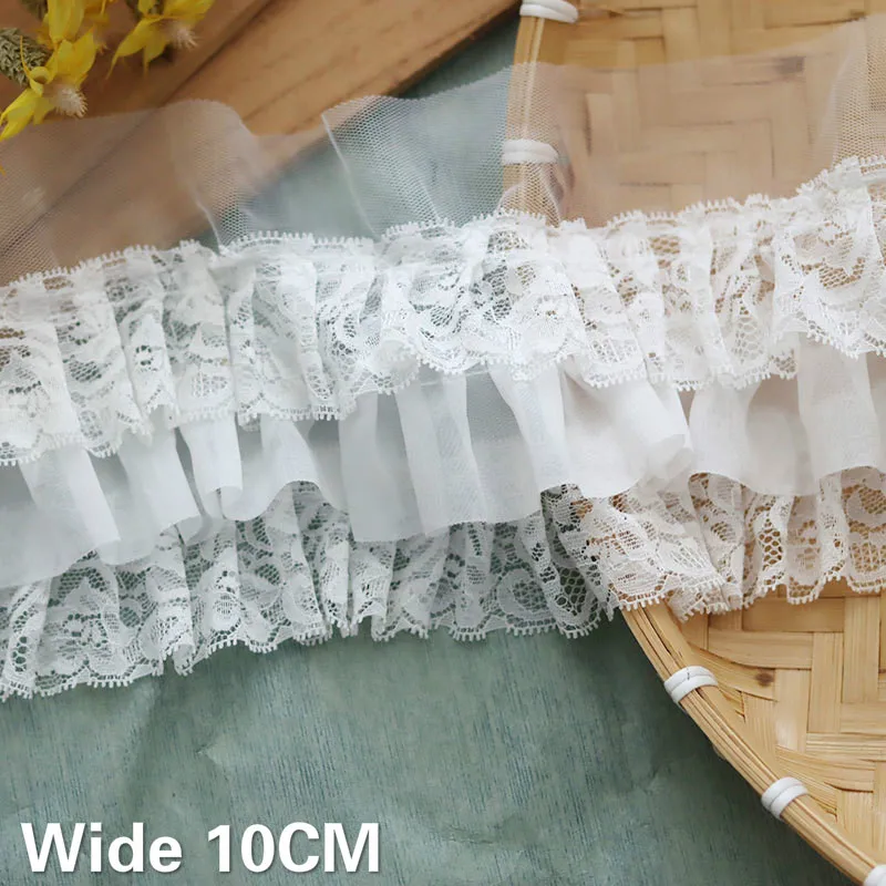 

10CM Wide Three Layers 3D Pleated Chiffon Fabric Guipure Lace Fabric Ruffle Trim Embroidered Flowers Ribbon Sewing Fringe Decor