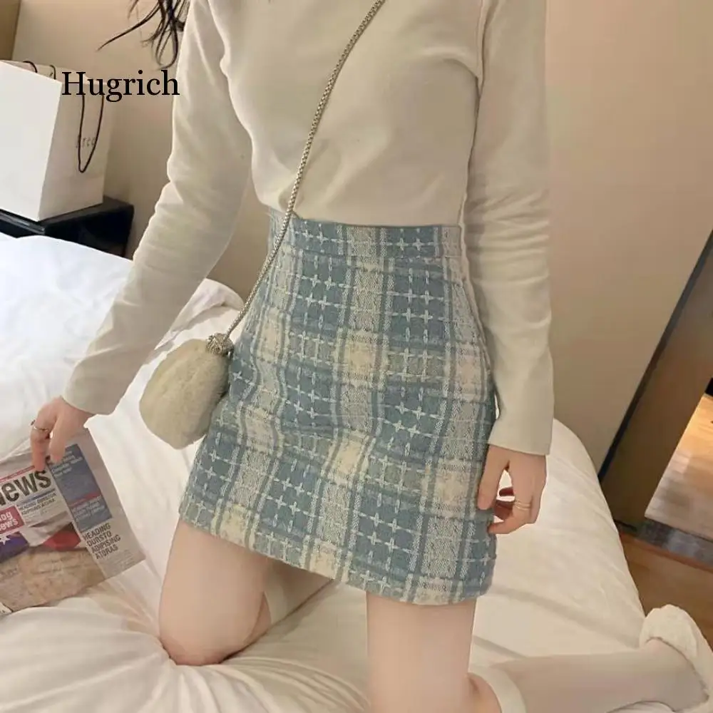 

2021 Autumn Spring Women Woolen Plaid Femme Bodycon Wide Leg High Street Skirts