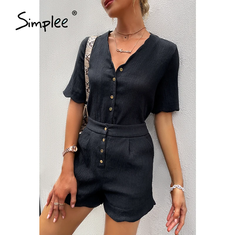 

Simplee Summer ruffle V neck short set women Pure black sleeveless sets Casual office lady single-breasted two piece set