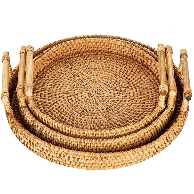 

Rattan Dinner Plate (Three-Piece Set with Handle) Rattan Storage Tray Decorative Board for Organizers