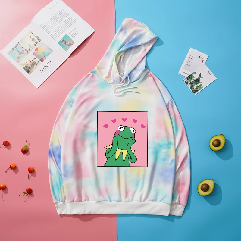 

Autumn Spring New Tie Dyed Hoodie Women Fashion Harajuku Kawaii Frog Cartoon Print Sweatshirt Loose Casual Drop Shoulder Clothes