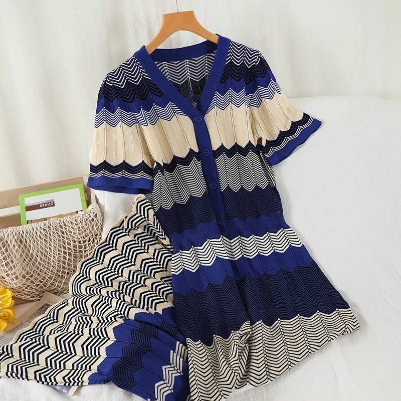

Elegant Vintage Thin A-line Long Casual Dress For Womens Summer 2021 New Retro V Neck Long Fashion Striped Knitted Dress Female
