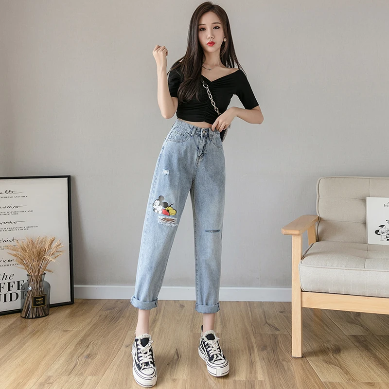 Женские джинсы с принтом Микки Мауса тонкие свободные шаровары дырками