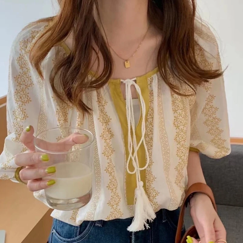 

ZAWAHIKI Korean Chic Elegant Women Blouse Summer 2021 O Neck Drawstring Design Lantern Sleeve Loose Print Tops All-match Blusas