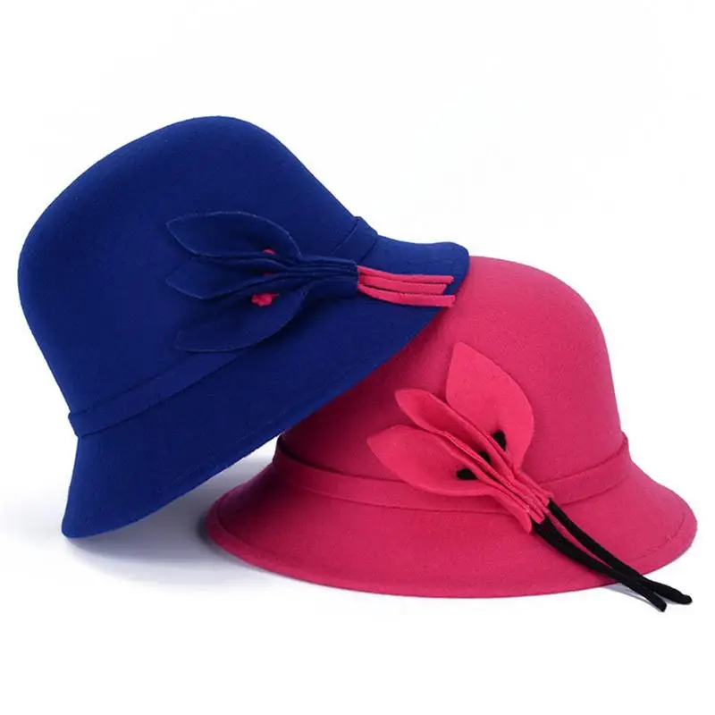 

Flat Top Fedoras Hats British Lady Bowler Hat Solid Color Imitation Woolen Cap Elegant British Wide Brim Ladies Caps Flower Hats