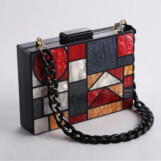 Red Acrylic Chain Новая коробка акриловая Лоскутная сумка геометрический узор женские сумки через плечо вечерние клатчи - Цвет: Red Acrylic Chain