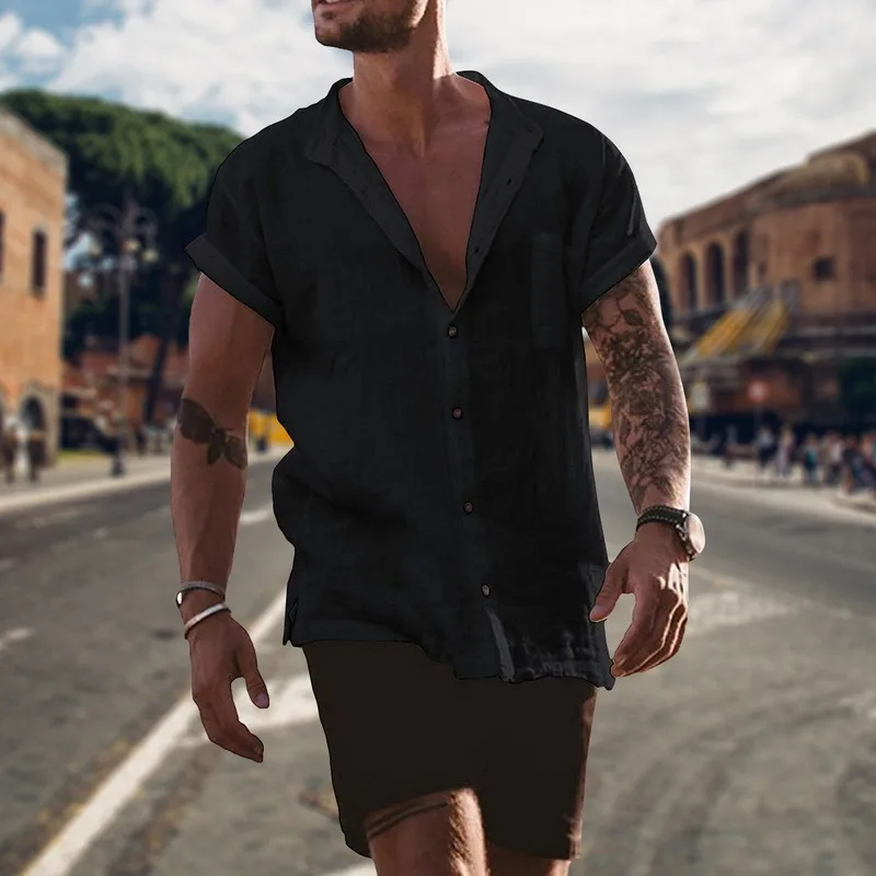 

Men Linen Shirts Short Sleeve Breathable Men's Baggy Casual Shirts Slim Fit Solid Cotton Shirts Mens Pullover Tops Blouse